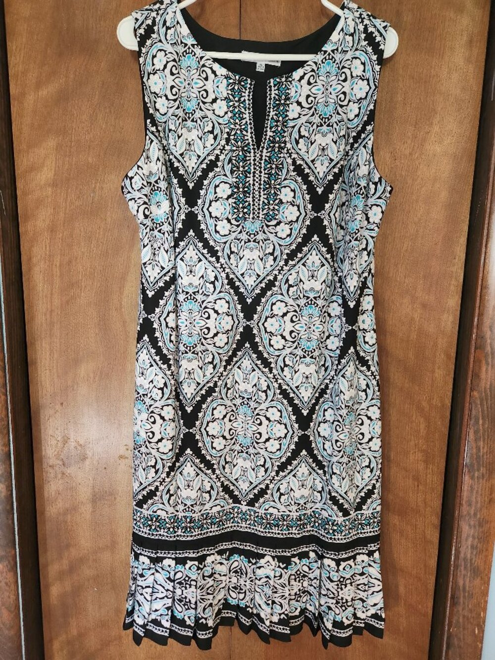 Sandra Darren XL Black Turquoise Damask Border Print Midi Dress NWOT